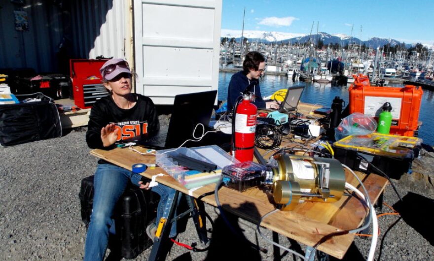 Computer programmer, Jasmine Nahorniak, explains that she and Dylan Winters are working on laptops set up to control the kayaks. (Photo/Angela Denning)