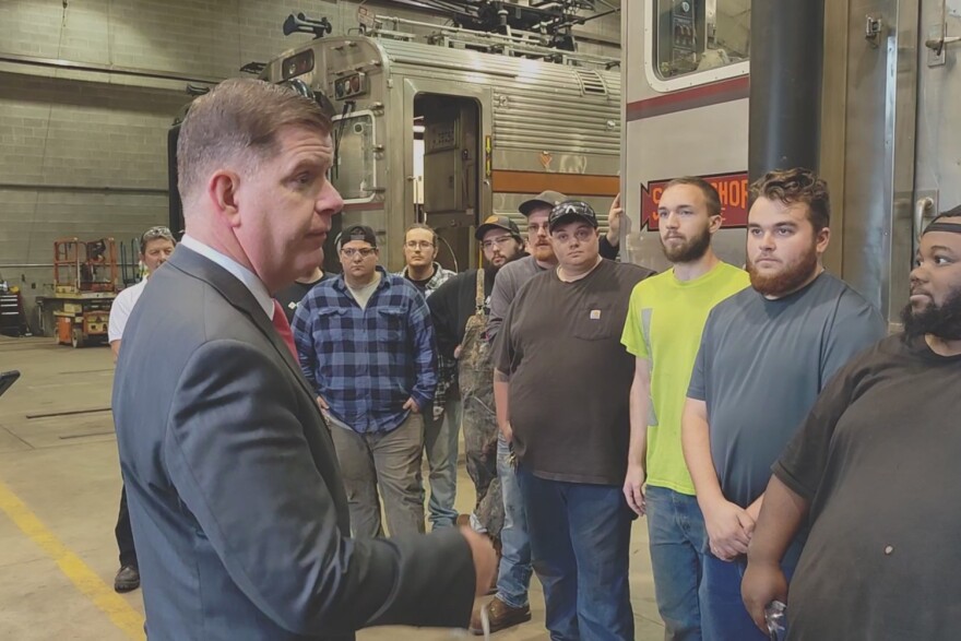 U.S. Secretary of Labor Marty Walsh and U.S. Rep. Frank Mrvan (D-Highland) speak to a large group of workers during the tour.