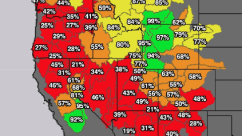 A map illustrating the very low snowpacks across the West