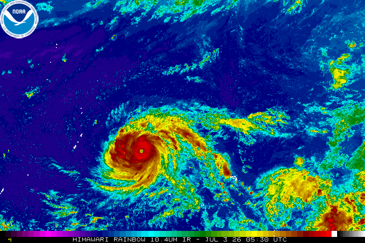 Typhoon Bavi entered a period of rapid intensification as it headed west toward the Mariana Islands July 3, 2026.