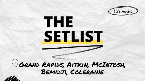 "The Setlist" and "Grand Rapids, Aitkin, McIntosh, Bemidji, Coleraine" written over a crumpled paper background.