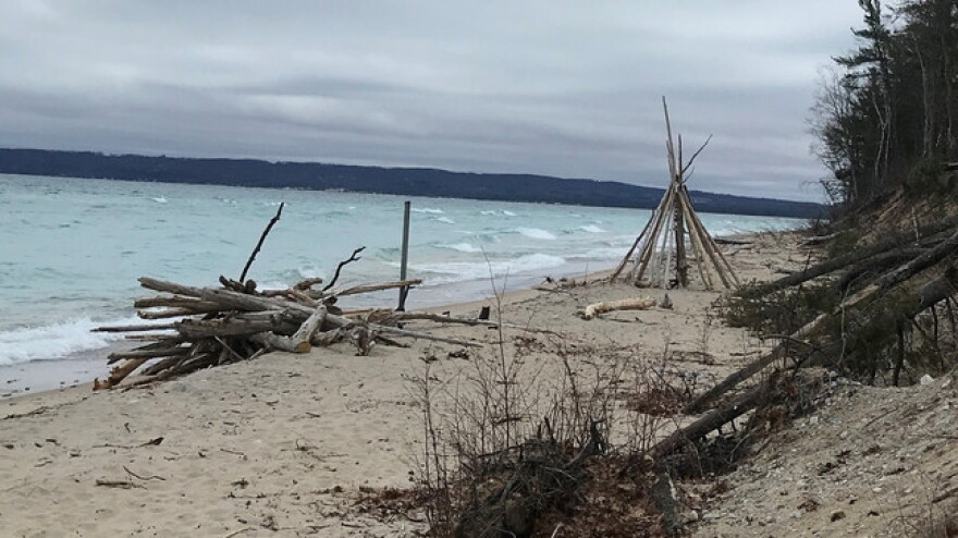 Sleeping Bear Dunes park officials are asking people to stop building structures out of driftwood and other materials. Pictured is a beach just east of Pyramid Point.
