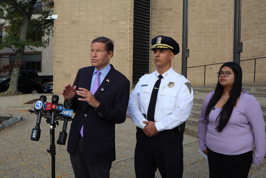 U.S. Senator Richard Blumenthal (D-CT) talks about his bill alongside New Haven Police Chief David Zannelli and Giovanna Barajas from BH Care.