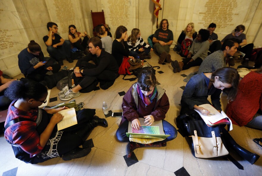 Students gather inside Nassau Hall during a sit-in in November 2015, in Princeton, N.J. The protesters from a group called the Black Justice League were demanding that the school remove the name of former school president and U.S. President Woodrow Wilson.