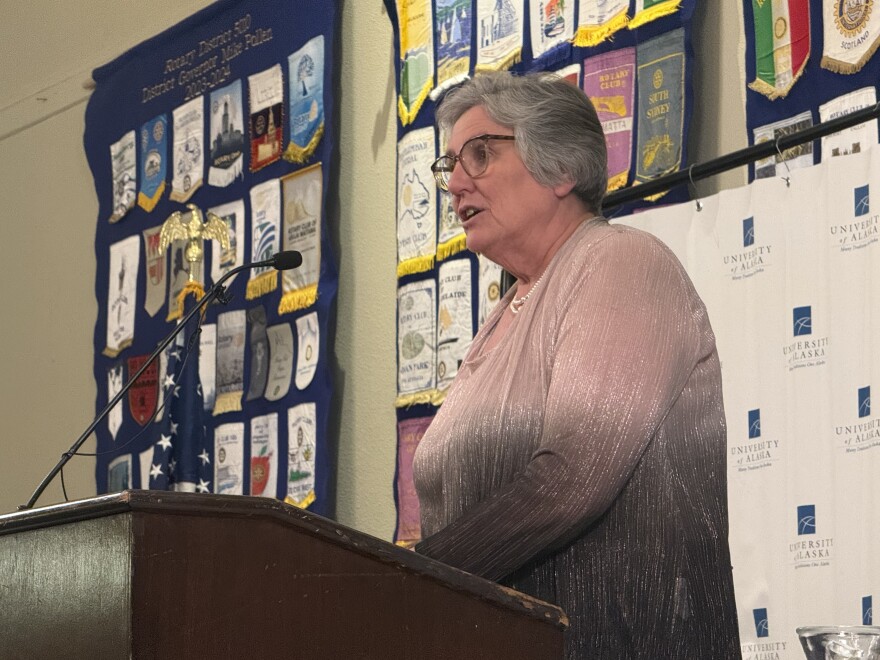 University of Alaska President Pat Pitney delivers her sixth and final State of the University address March 19, 2026, in Fairbanks, Alaska. She is set to retire in May.