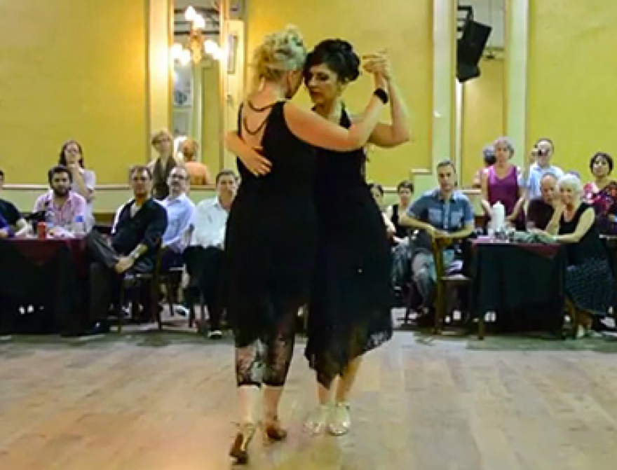 Queer Tango Project leaders Mariana Docampo (right) or Argentina and Helen La Vikinga of Iceland dancing in Buenos Aires.