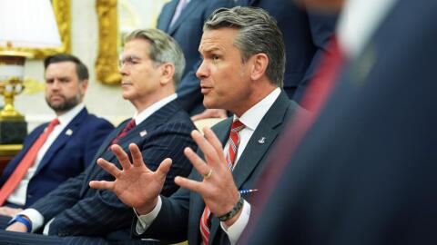 Secretary of Defense Pete Hegseth speaks as President Donald Trump meets with Lebanese President Joseph Aoun in the Oval Office at the White House, Tuesday, July 21, 2026, in Washington. (Mark Schiefelbein/AP)