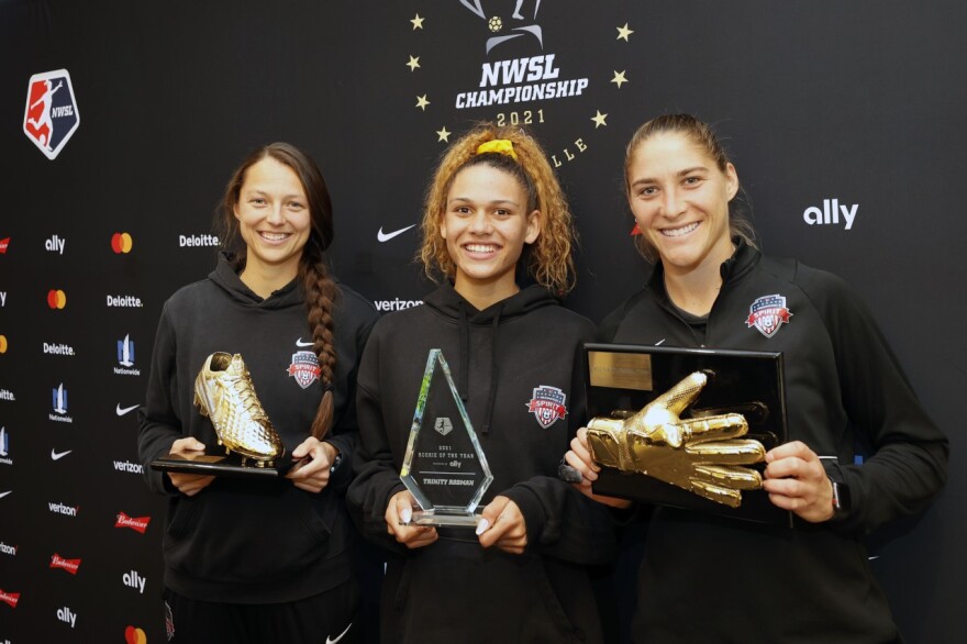 LEESBURG, VA - JULY 18: Washington Spirit forward Trinity Rodman (2) smiles  after scoring a first half goal during the NWSL game between New Jersey /  New York Gotham FC and Washington