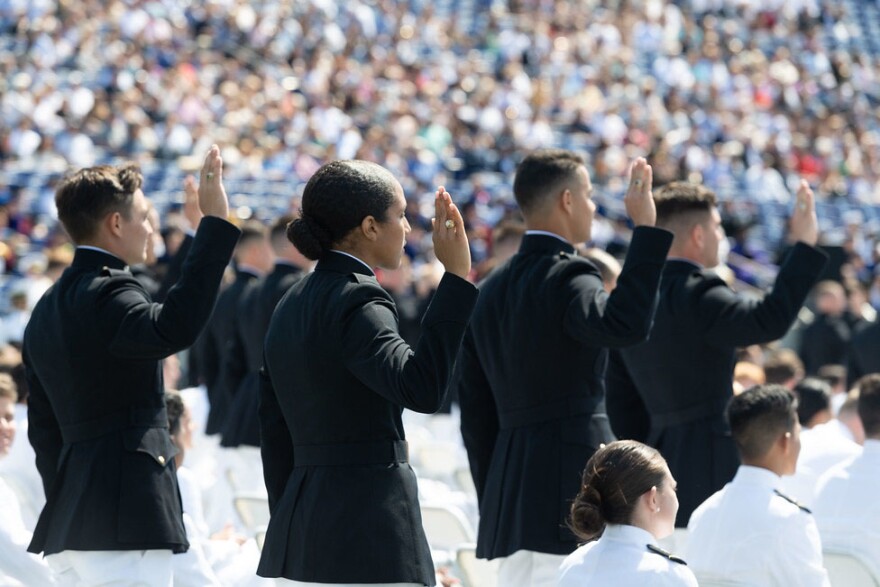 Members of the U.S. Naval Academy Class of 2021 take the oath of office to become Marine Corps second lieutenants during their May graduation and commissioning ceremony.