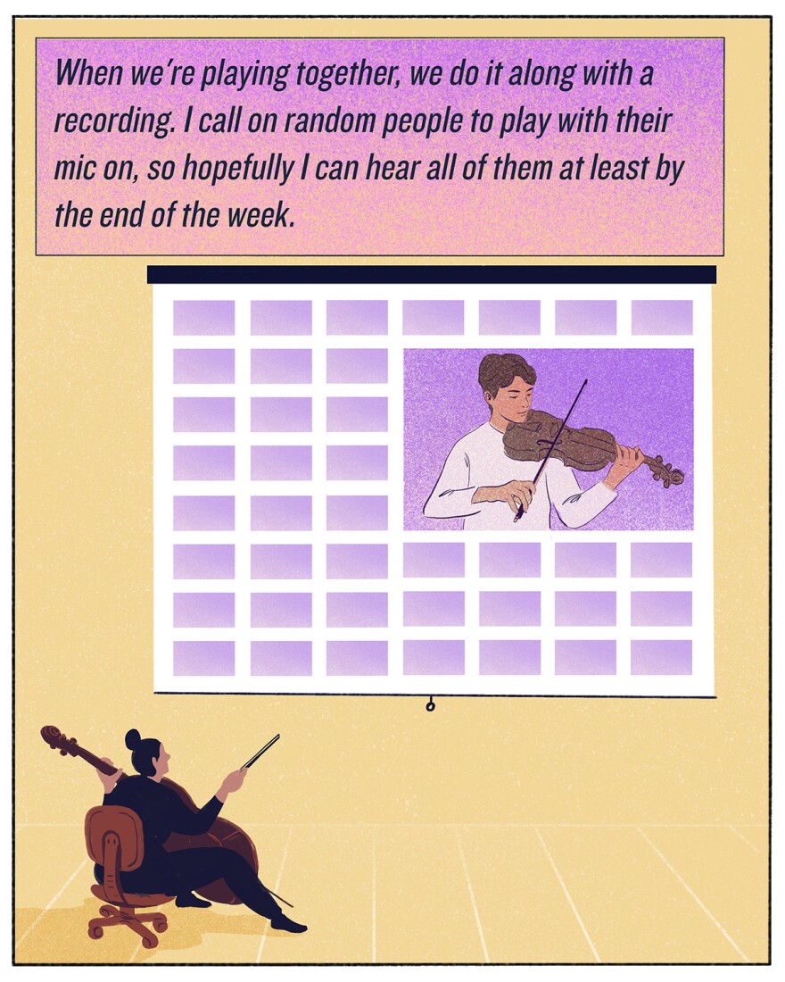 "When we're playing together, we do it along with a recording. I call on random people to play with their mic on, so hopefully I can hear all of them at least by the end of the week."