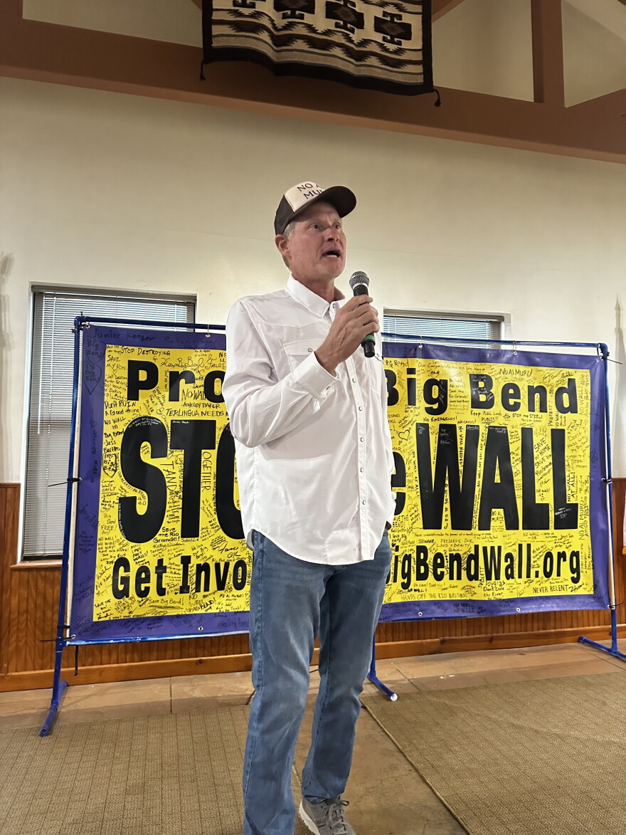 Brewster County businessman, professional aviator, and activist Billy Bartko speaks at one of many community meetings to stop border wall construction in Big Bend