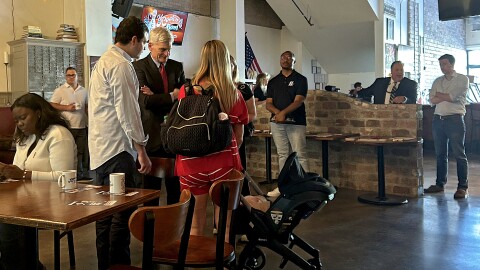 Sen. Bill Cassidy meets with voters at a campaign event at Rock’n’Bowl in Lafayette, Louisiana, on Thursday, May 14, 2026. 
