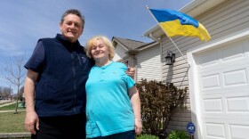 Viktor Zribnyak, 69, and his wife Svitlana Zribnyak, 72, outside of their son’s St. Charles home on Monday, April 4, 2022. The couple had trekked Ukraine in a coordinated escape effort due to the Russian invasion of the country. 