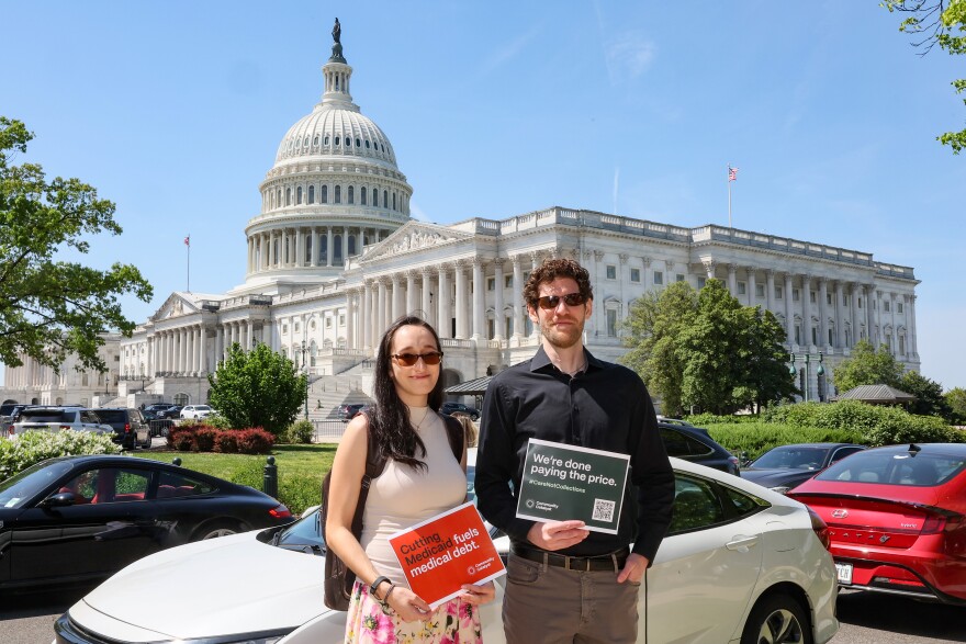 Participant in Community Catalyst's Day Of Action pose for a photo as part of the Pennsylvania Delegation of Community Catalyst on the Medical Debt Day of Action on Capitol Hill on April 29, 2025 in Washington, DC.
