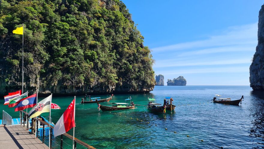 The beach at Maya Bay in Thailand is far less crowded than it used to be. Boats are no longer allowed in the bay, but must drop their passengers at this new, purpose built jetty on the other side of the island. Visitors then walk a short distance through the jungle to reach the beach.