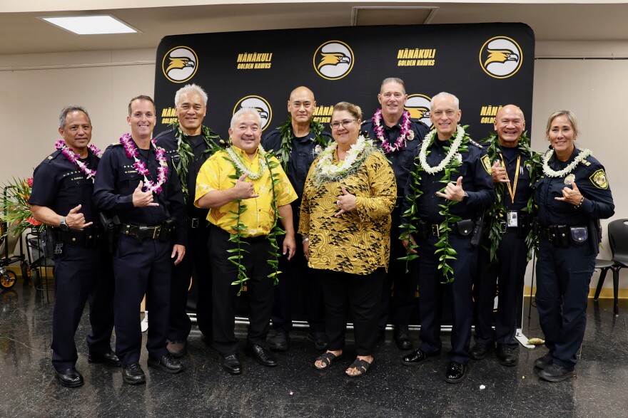 HPD Officers that are a part of the Oʻahu School Resource Officer Program, HIDOE Superintendent Keith Hayashi, and Nānākuli Principal Moani Nahulu-Mahelona spoke about the SRO program at a press conference on July 31