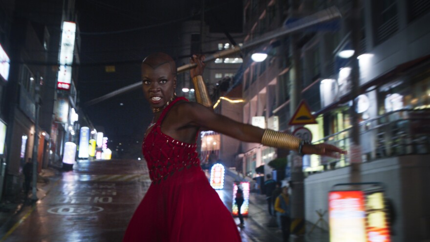 Danai Gurira as Okoye in <em>Black Panther</em>.