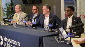 (from left to right) Northeast Ohio Pilots Association President Ned Parks, Council Member Charles Slife, North Coast Waterfront Development Corporation Executive Director Scott Skinner and Mayor Justin Bibb speak at a public forum about the future of Burke Lakefront Airport.