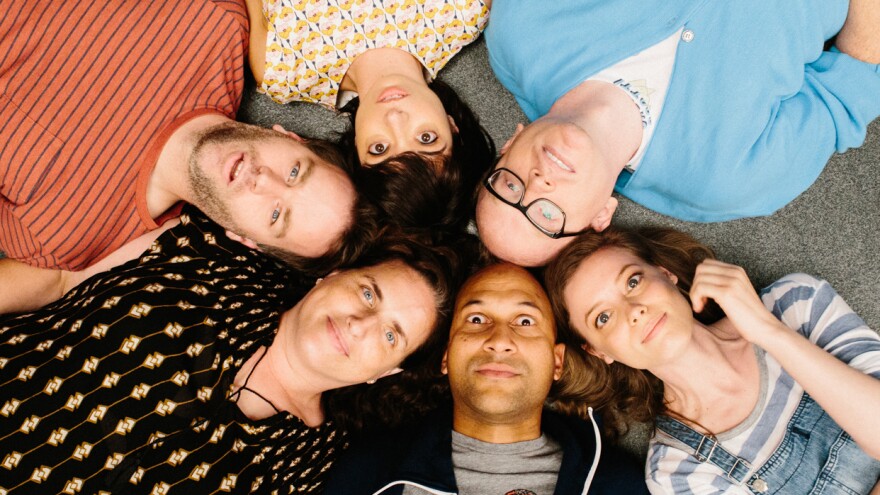 Mike Birbiglia (clockwise from left), Kate Micucci, Chris Gethard, Gillian Jacobs, Keegan-Michael Key and Tami Sagher play members of the improv comedy group the Commune in <em>Don't Think Twice.</em>