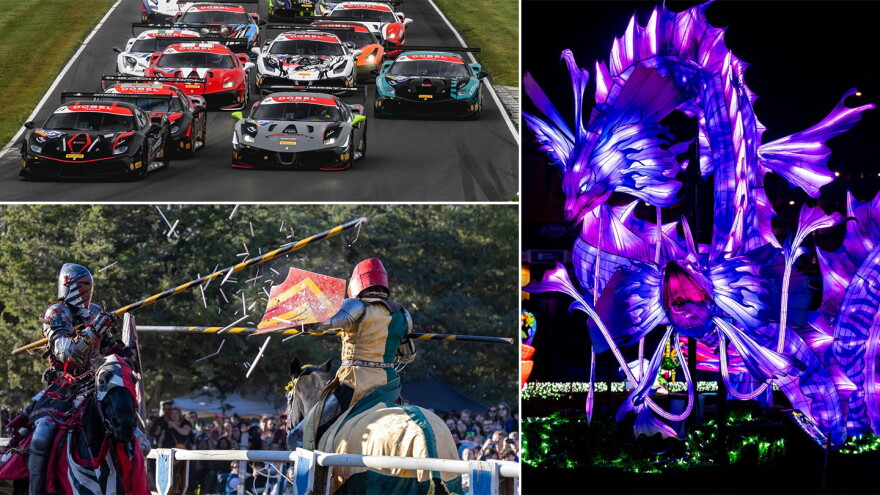 (Clockwise from top left) The Ferrari Challenge at Road America, China Lights at the Boerner Botanical Gardens and the Old Falls Renaissance Faire.