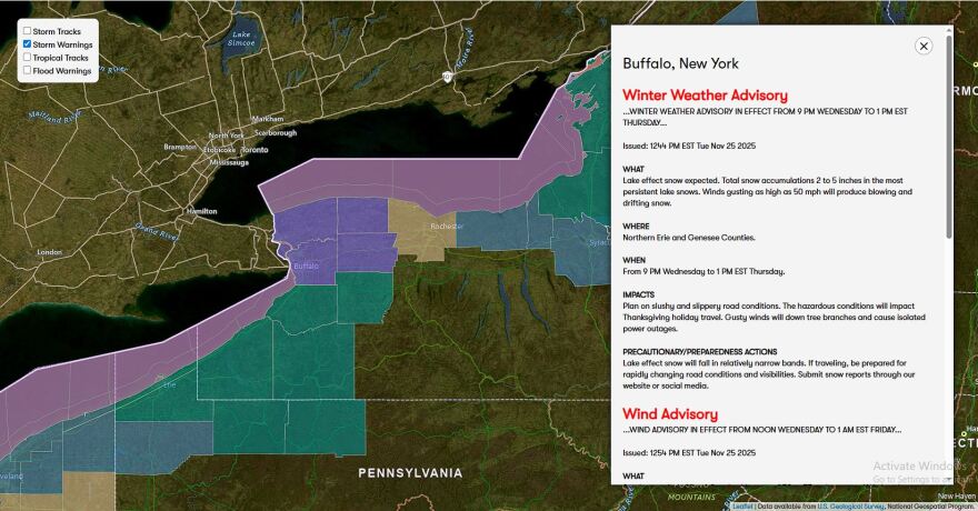 Winter weather advisory outlook for WNY from Wednesday evening to Thanksgiving Day. A wind advisory will also remain into effect until 1 a.m. Friday.