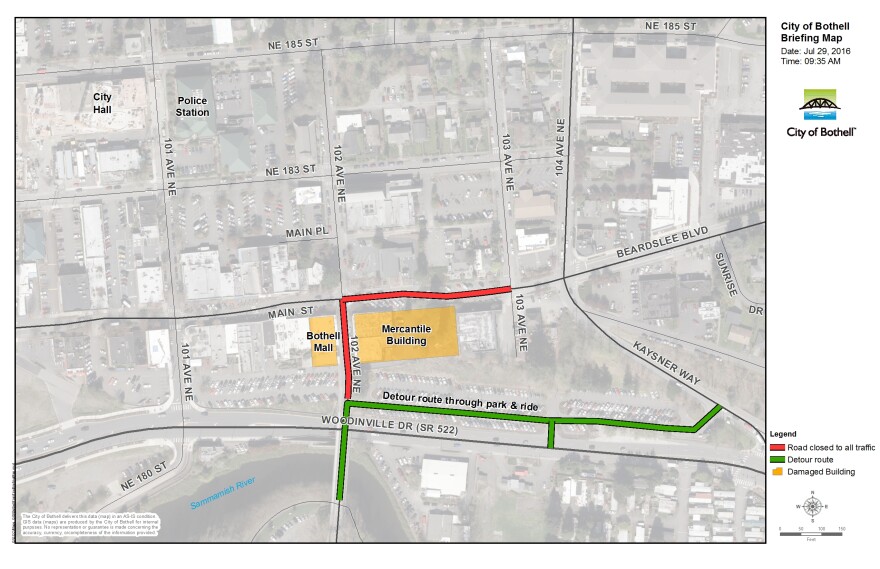 Areas of Bothell that are still closed after a fire in the Seattle suburb's historic downtown.