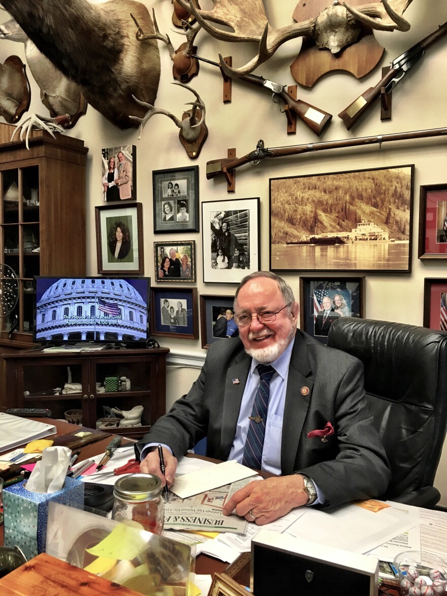 Rep. Young's Washington office has trophies and mementos on just about every surface. Photo: Liz Ruskin.