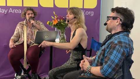 Sara Corbett and Aaron Haldiman speaking as panelists during the "Pollinating the Possible" program at KALW'S Studio Event Space.