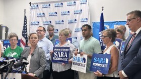 Democratic candidate for Wisconsin governor Sara Rodriguez speaks to supporters, Monday, July 13, 2026, in Madison, Wis. (AP Photo/Scott Bauer)