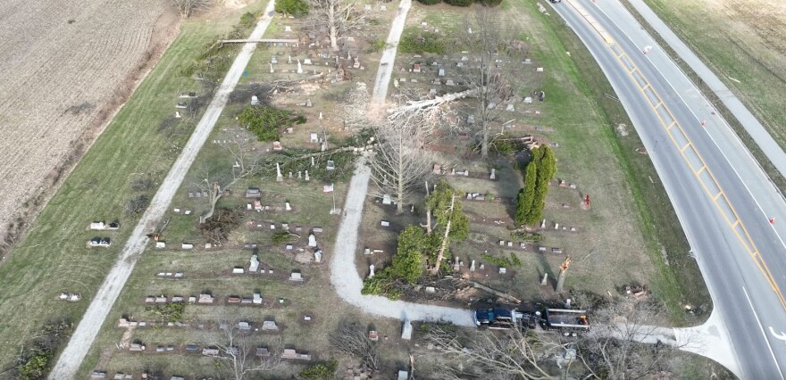 Drone footage captured damage done to a cemetery in Allen County after Friday night's storms.