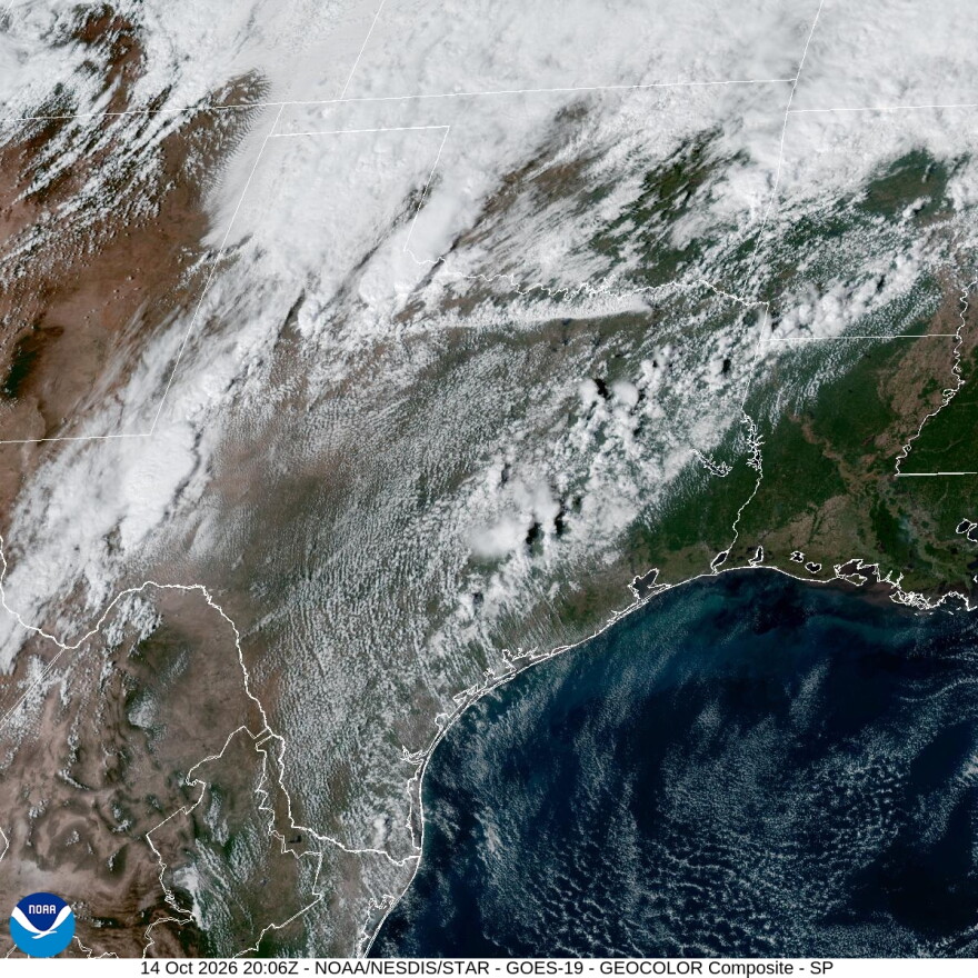 NOAA satellite image of Texas on Oct. 14, 2026, with a cold front on the way to San Antonio