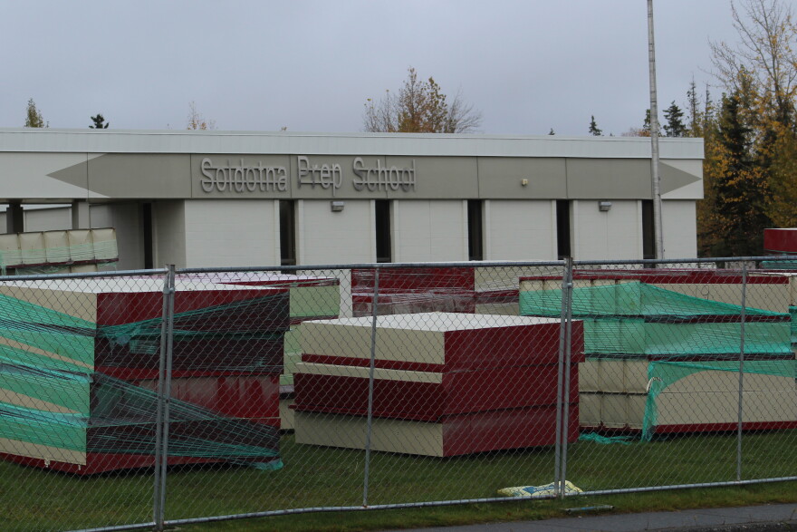 School furnishings sit on the lawn outside Soldotna Prep School on Tuesday, Oct. 6, 2026 in Soldotna, Alaska.