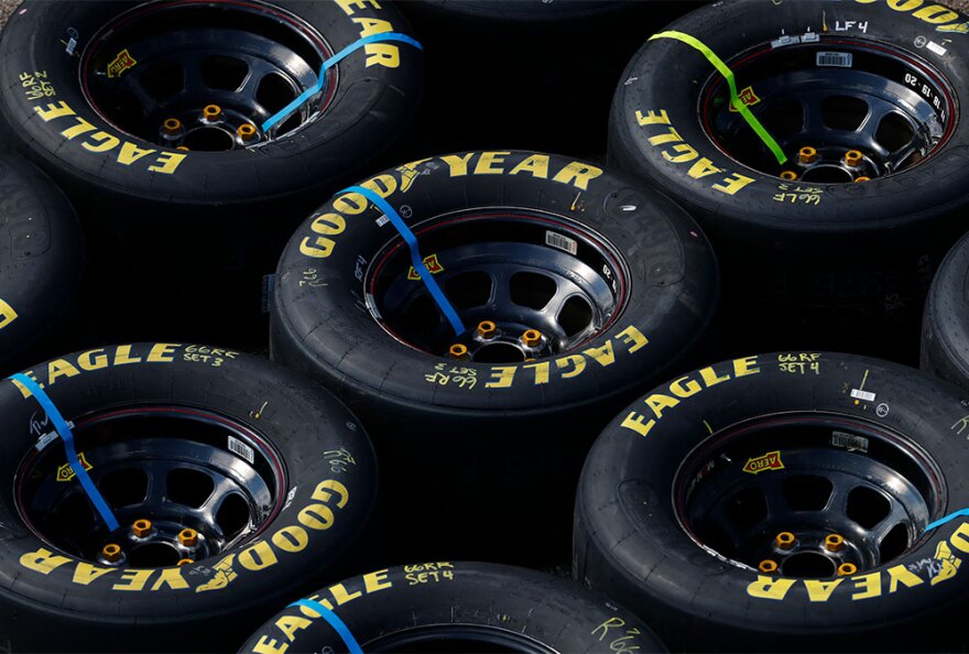 Goodyear Eagle tires are shown during a NASCAR Cup Series auto race at Michigan International Speedway in Brooklyn, Mich., Sunday, Aug. 9, 2020.