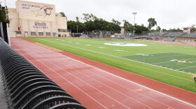 The athletic field is empty at Hollywood High School in the Hollywood section of Los Angeles.(Mark J. Terrill/AP)