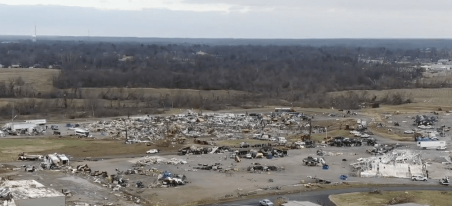 Aerial footage from WDRB Saturday shows the remains of a Mayfield, Ky. candle factory destroyed in a tornado.