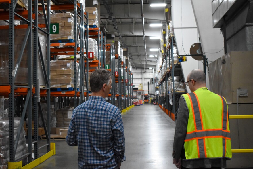 Up To Date host, Steve Kraske, takes a tour of the Harvesters warehouse with the organization's communications manager, Matt Hamer. Hamer remarked that the warehouse is more empty than usual due to a higher demand for food.