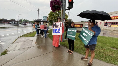 Community members in Albion gathered in August to protest the detention and deportation of immigrants and farmworkers.