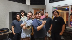 Benny Benack III, FGCU Director of Jazz Studies Brandon Robertson and musicians with the FGCU Jazz Combo performed live in the WGCU Performance Studio. (combo members include Eduard Barcela on piano, Gabe Burgos on bass, Jonathan Eysaman on tenor saxophone, Diego Figueredo on trumpet, Robert Law on drums, and Alejandro Ramirez-Morales on guitar.)