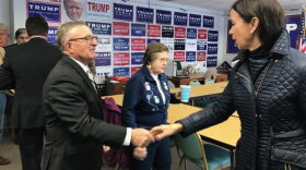 State Sen. John DeFrancisco (R-Syracuse), left, at an event Sunday at Onondaga County Republican headquarters in Syracuse. ELLEN ABBOTT / WRVO NEWS