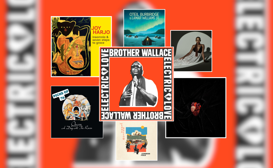 Artwork for seven albums or singles in boxes of different sizes. In the biggest square, placed in the center of the image, is a black and white photo of a man in sunglasses singing into a microphone. There are two of the next biggest square, in the top left one is a black and yellow painting of a panther draped over a guitar, in the bottom right one is a red heart over a black background. In the next biggest square is a drawing of animals over a black background. In the three smallest squares, the top middle has a snowy village, the top right has a woman in a dress laying on her side, and the bottom middle has a painting of people sitting by a gas station. 