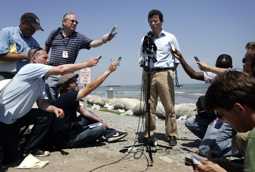 In May 2010, then-BP CEO Tony Hayward gave a news conference at Fourchon Beach in Port Fourchon, La.