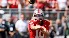 Ohio State quarterback Julian Sayin plays against Texas during an NCAA college football game, Saturday, Aug. 30, 2025, in Columbus, Ohio. (AP Photo/Jay LaPrete, File)