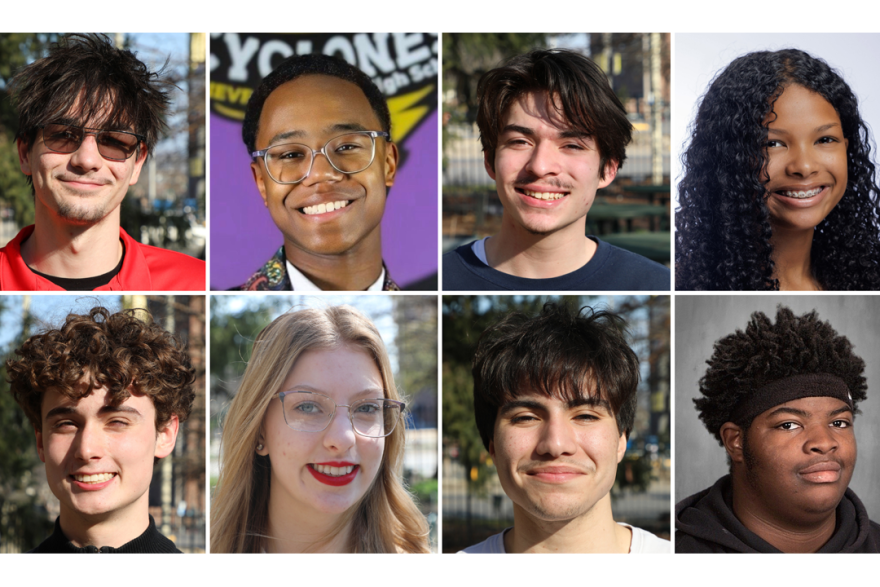 High school students making their voices heard about legislation that would change how schools are funded. Top row, from left: Dale Potter, Javarius Strayhorn, Joseph Salinas, and Rima Baharadine-Bell. Bottom row, from left: Keagan Williams, Rachel Kinnaman, Zakariya 'Zak' Abdulbari, and Ashton King.