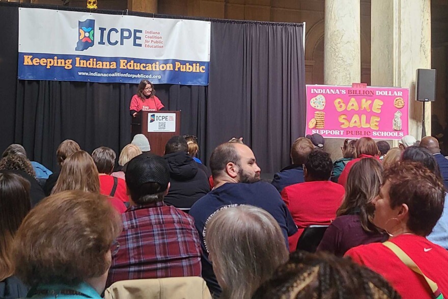 A large crowd of public school parents, educators and students hosted a $5 billion bake sale rally at the Indiana Statehouse this week to urge lawmakers to prioritize public education. Each of the 200 cookies was symbolically priced at $25 million.