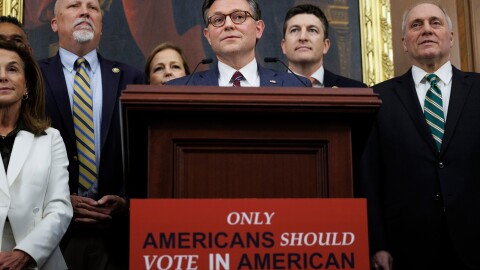 House Speaker Mike Johnson, R-La., joined by Republican leadership and supporters, speaks to reporters on the SAVE America Act on Capitol Hill in Washington, Wednesday, Feb. 11, 2026, in Washington. (AP Photo/Tom Brenner)
