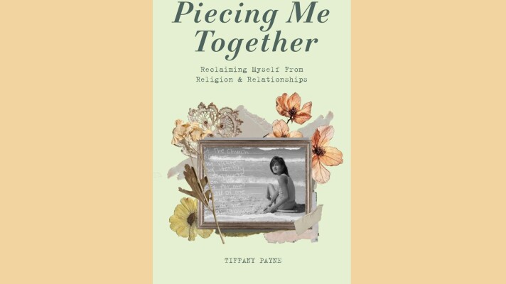 Cover of "Piecing Me Together" by Tiffany Payne; framed photo of a girl sitting on a beach, flowers surround the frame