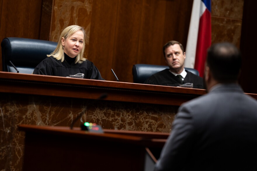 Texas Supreme Court Justice Jane Bland questions a lawyer with the Texas Attorney General's Office during oral arguments over the Delta-8 lawsuit in January. The Texas Supreme Court ultimately sided with the state and reversed a temporary injunction, allowing the Department of State Health Services to re-enact the ban effective Friday.