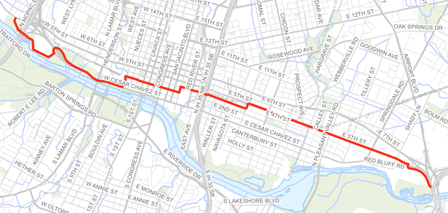 A map of the Lance Armstrong Bikeway in Austin. A red line on a map shows the bikeway running through the grid of city streets from U.S. 183, following Fifth Street, Fourth Street, Third Street and Cesar Chavez Street.