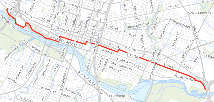 A map of the Lance Armstrong Bikeway in Austin. A red line on a map shows the bikeway running through the grid of city streets from U.S. 183, following Fifth Street, Fourth Street, Third Street and Cesar Chavez Street. 