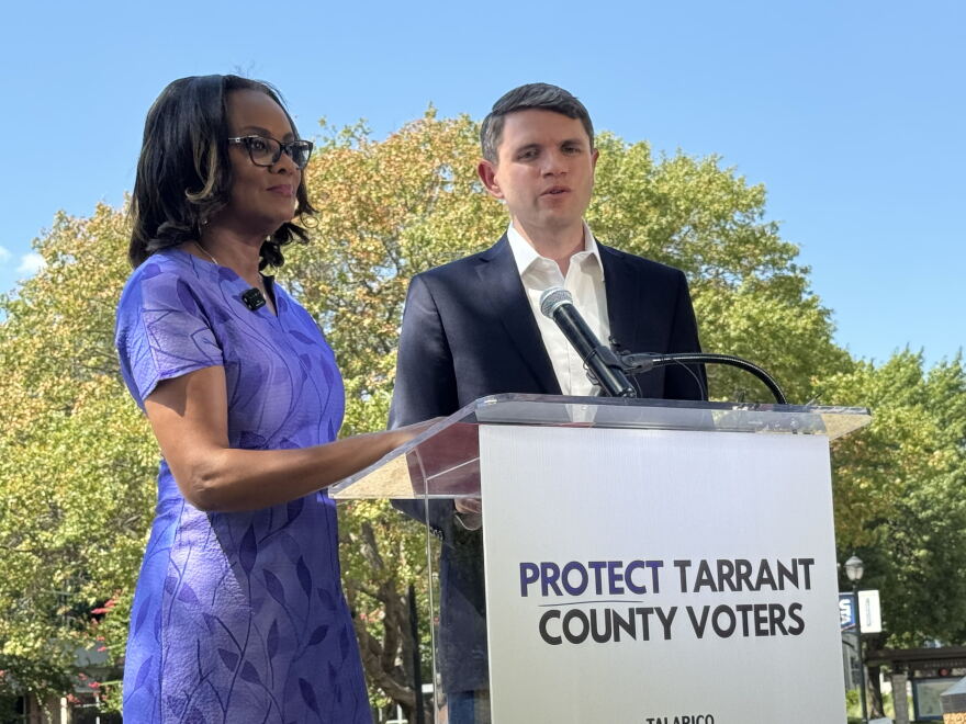 Alisa Simmons and James Talarico speaking outside the University of Texas at Arlington on August 30, 2026.